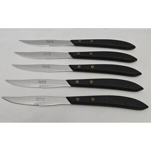 Vtg Stanley Stainless USA Steak Knives Set of 5 Black Composite Handles Serrated